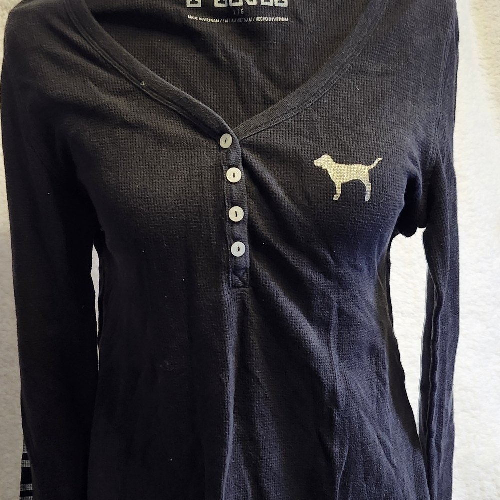 Victoria's Secret Black Long-Sleeve Henley with Cream Dog Logo